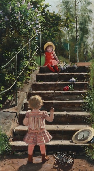 Augusta Jensen: Two small girls playing by a staircase in summertime. Signed. Oil. 78×44.5 cm.