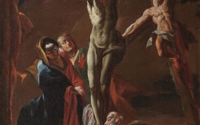 Autrichec. 1730/40 Christ en croix avec Marie, Jean, Madeleine et les deux bergers. Huile sur...