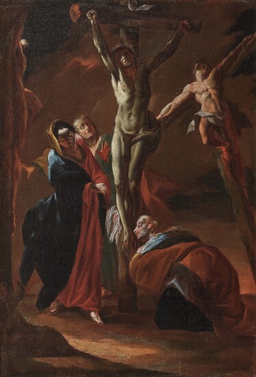 Autrichec. 1730/40 Christ en croix avec Marie, Jean, Madeleine et les deux bergers. Huile sur...