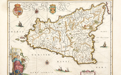 BLAEU, Willem (1571-1638) - Sicilia Regnum. Amsterdam: Blaeu, ca. 1635-1640. Engraved map (sheet 500 x 584mm; engraving 385 x…