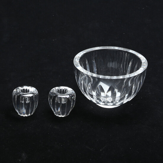 BOWL and CANDLES 2 pcs, glass, Orrefors, signed, 1900s.