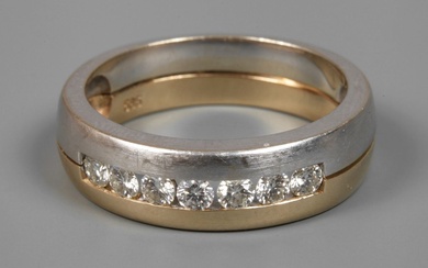 Bague ruban avec brillants moderne, or blanc et jaune estampillé 585, anneau bicolore d'environ 7...