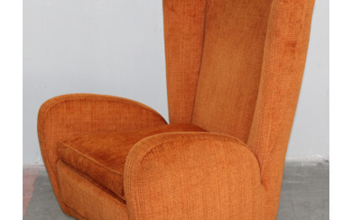 Bergere imbottita e rivestita in velluto arancione a coste, piedini troncoconici in legno. Italia, anni '50. (cm 73x93x77) (lievi difetti)