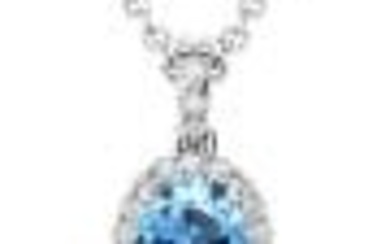 Blue Topaz Oval & Diamond 1/5ctw Pendant Set In 14k White Gold With Chain