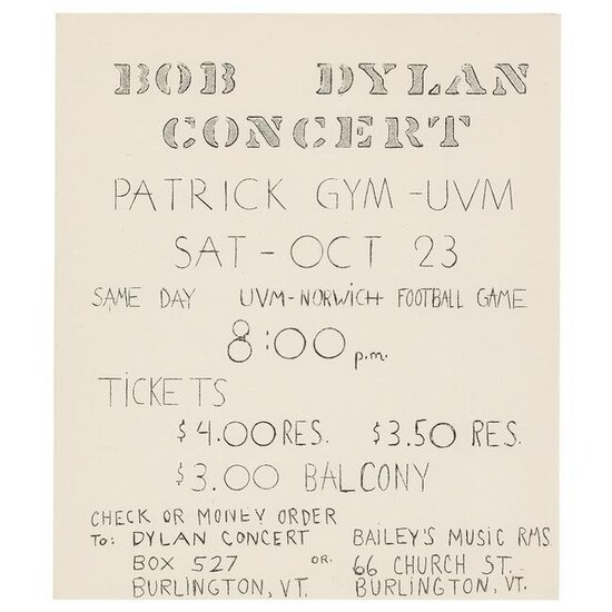 Bob Dylan 1965 University of Vermont Handbill