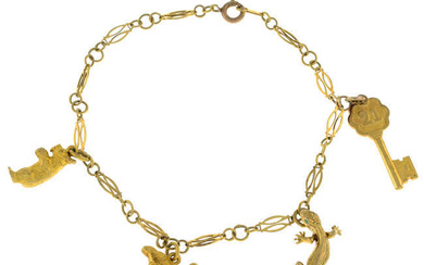 Bracelet, with four mid 20th century 9ct gold charms.