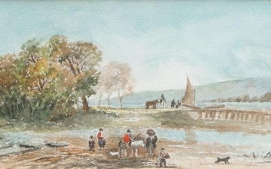 British Provincial School, 19th century- Figures by a river; watercolour, bears signature, 14.5 x 25 cm