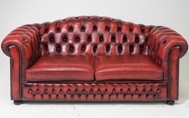 British Red Leather 2 Seater Chesterfield Sofa