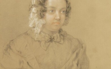 British School, mid-19th century- Portrait of a lady, seated, turned to the right; black and coloured chalk on paper, 33 x 24.5 cm: together with a print depicting Walter Richard Hamilton after a portrait by Henry Wyndham Phillips (2)