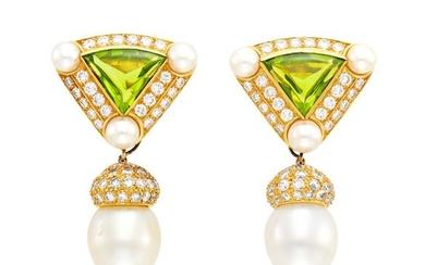 Bulgari Pair of Gold, Cabochon Peridot, Diamond and South Sea Cultured Pearl Pendant-Earclips