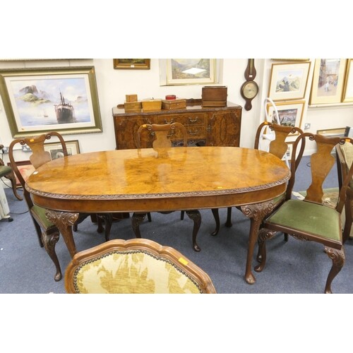 Burr walnut dining room suite comprising an oval dining tabl...