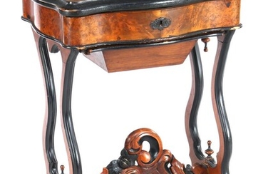 (-), Burr walnut veneer on oak handicraft table...