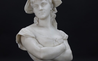Buste d'une charmante jeune fille au chapeau, non signé, en marbre sculpté à la main...