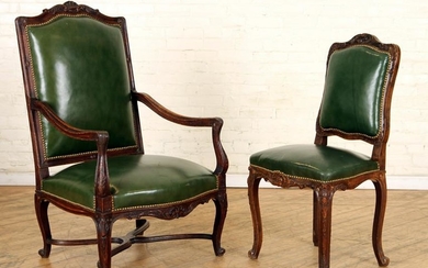 CARVED OAK FRENCH ARM CHAIR & MATCHING SIDE CHAIR