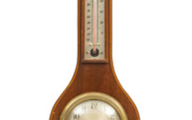 CHELSEA FEDERAL STYLE MAHOGANY BAROMETER - THERMOMETER-CLOCK H 31" W 8"