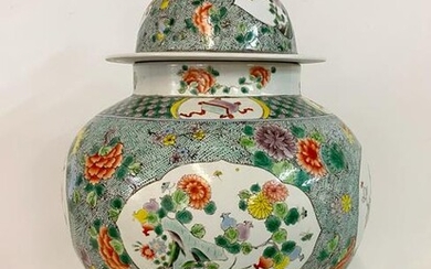 CHINESE COVERED JAR WITH BIRD AND FLOWER MOTIF 22" H X