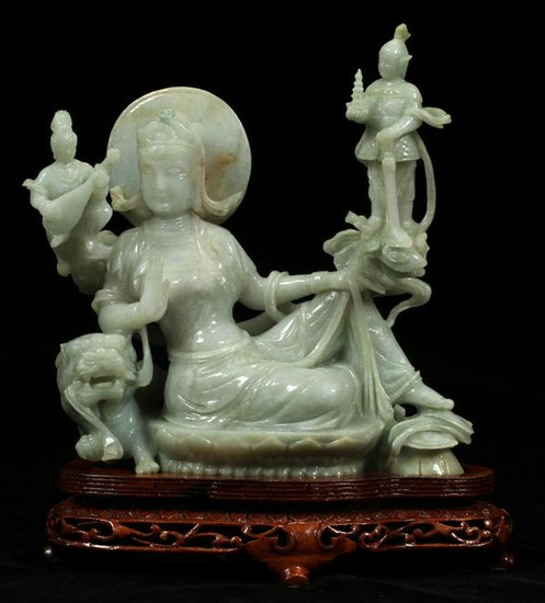 CHINESE JADE FIGURES AND LION 3 H 6.75" W 6.5"