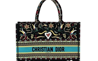 CHRISTIAN DIOR Canvas Embroidered Large Fleurs Book Black Tote