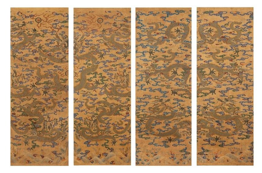 Rare Four Kesi Dragon Silk Panels, Qianlong Period