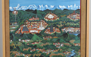 CONTEMPORARY NEPALESE SCHOOL. LANDSCAPE SCENE WITH VILLAGES, TEMPLES AND FIGURES.