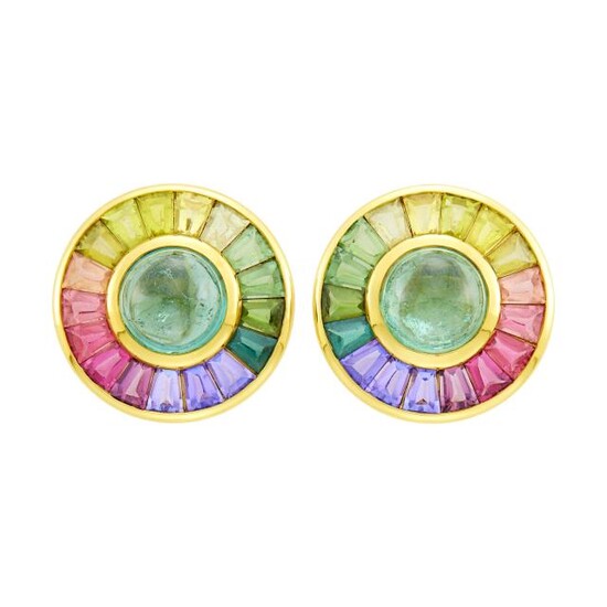 Capello Pair of Gold, Tourmaline and Colored Stone Earclips
