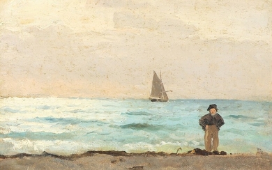 Carl Locher: Beach scenery from Skagen. Signed Carl Locher. Oil on canvas laid on cardboard. 24×32.5 cm.