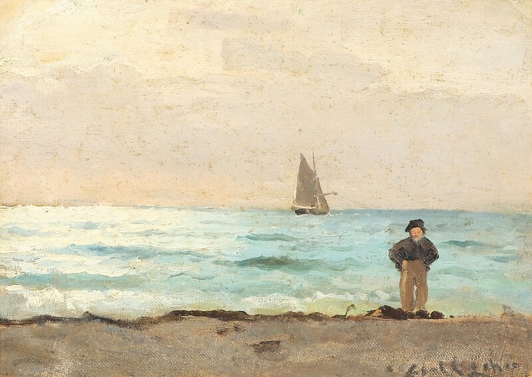 Carl Locher: Beach scenery from Skagen. Signed Carl Locher. Oil on canvas laid on cardboard. 24×32.5 cm.