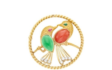 Cartier Gold, Green Chrysoprase, Coral and Diamond Love Bird Pin