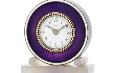 Cartier Purple Guilloché Enamel and Lavender Chalcedony Miniature Desk Clock