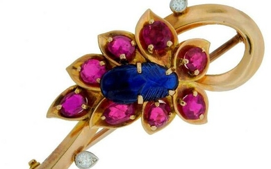 Cartier Sapphire Ruby Diamond Yellow Gold Flower Pin