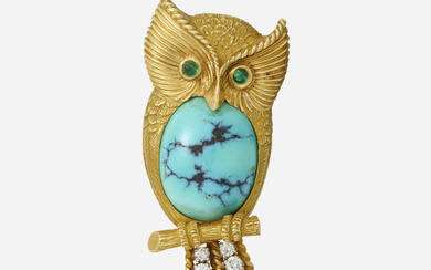 Cartier Turquoise, emerald, and diamond owl brooch