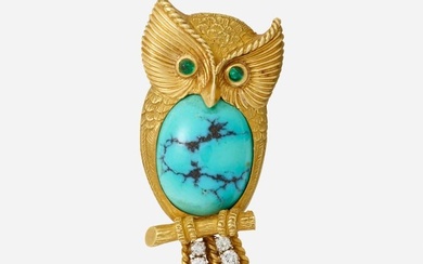 Cartier, Turquoise, emerald, and diamond owl brooch
