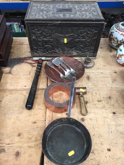 Carved Jacobean style box, inkwell, copper items and a truncheon