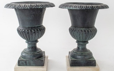 Cast Iron Campagna Form Urns on Marble Bases, 2