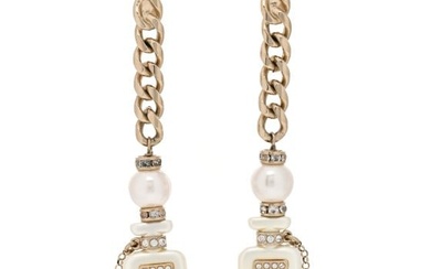 Chanel Pearl Resin Crystal CC No 5 Perfume Bottle Chain Drop Earrings Gold Pearly White