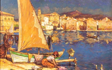 Charles BISSCHOPS (1894 - 1975) Lavandière au port huile sur toile, sign...