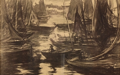 Charles Henri FROMUTH (1866-1937) "The boats" charcoal sbg 32x45