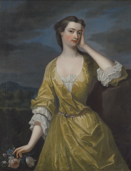 Charles Jervas (Dublin c. 1675-1739 London), Portrait of Lady Elizabeth Egerton, Countess of Bridgewater (1687-1714), three-quarter-length, in a yellow dress, a landscape beyond