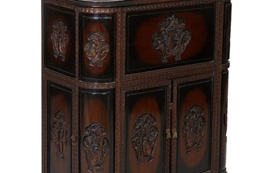 Chinese Carved Wood Dry Bar Cabinet, 20th c., figural carved cartouche with landscape panels, one on
