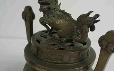 Chinese Cast Bronze Incense Burner, Qing Dynasty, Cast with a Kylin Dog to the pierced cover