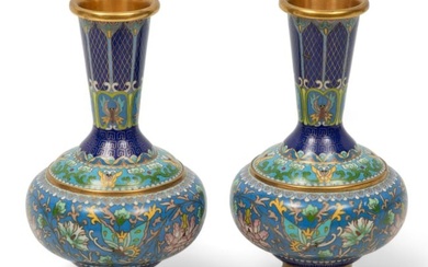 Chinese Cloisonne Enamel Vases, Ca. 20th C., H 7.5" Dia. 4" 1 Pair