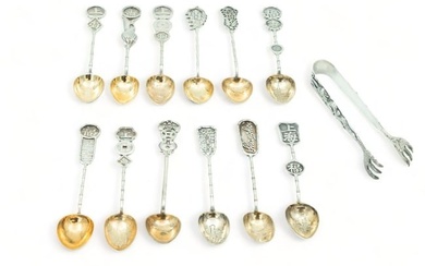 Chinese Sterling Silver Souvenir Demi Tasse Spoons (12) Ca. 1950, L 4.8" 6.7t oz 13 pcs Plus Tongs
