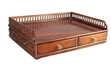 Chippendale style letter tray in mahogany with fretwood gallery