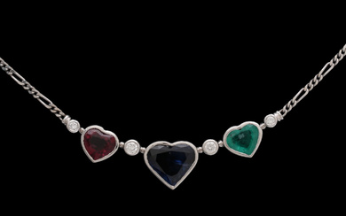 Choker with three sapphire, emerald and tourmaline hearts.