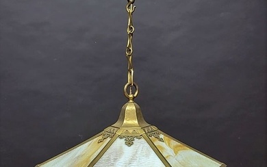 Circa 1910 Camel Slag Glass Brass Gothic Style Hanging Ceiling Fixture. Rewired ready to hang. Dia