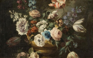 Circle of Gerard van Spaendonck, Dutch 1746-1822- Still life of flowers on a ledge; oil on canvas, indistinctly signed lower left, 34.5 x 43 cm. Provenance: Private Collection, UK. Note: The quality of the brushwork in the present work, entirely...