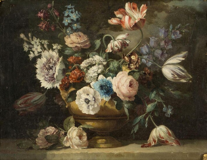 Circle of Gerard van Spaendonck, Dutch 1746-1822- Still life of flowers on a ledge; oil on canvas, indistinctly signed lower left, 34.5 x 43 cm. Provenance: Private Collection, UK. Note: The quality of the brushwork in the present work, entirely...