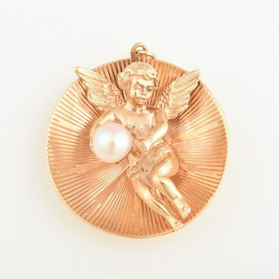Cultured Pearl, 14k Yellow Gold Circle Putto Pendant.