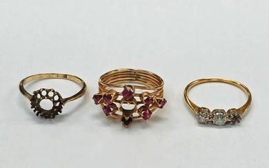 DIAMOND 3-STONE RING, GOLD RING MOUNT & ONE OTHER - ALL A/F,...