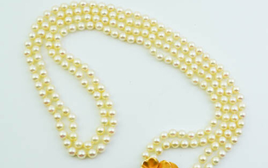 DOUBLE-STRAND MATCHED CULTURED PEARL NECKLACE WITH 14K YELLOW GOLD PANSY...